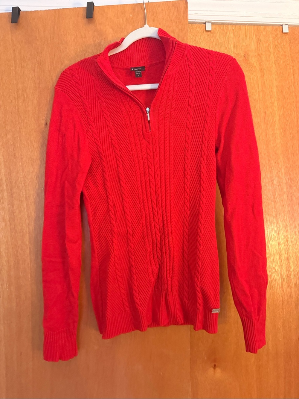 NILS Red Cable-Knit Half-Zip Turtleneck Sweater